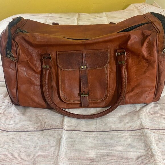Komal's Passion 21'' Large Travel Genuine Brown Leather Duffle Bag With Strap - Picture 2 of 11